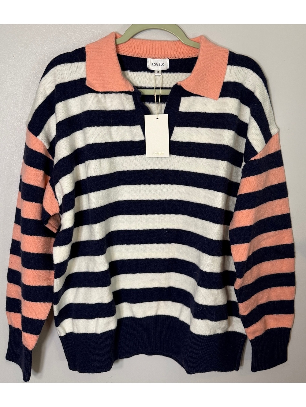 Lovelo striped collared sweater medium NWT navy white coral polo Vneck beachy